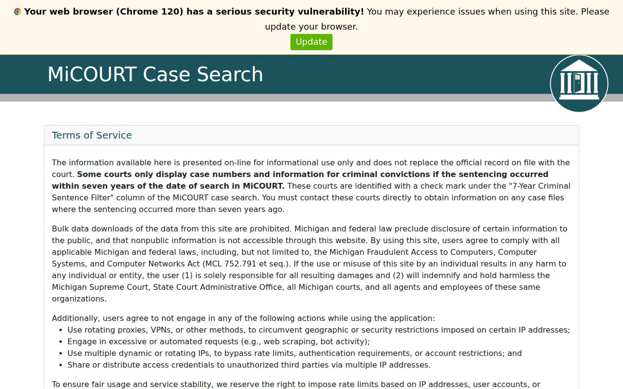 MiCOURT interface used for a Keweenaw County Court Case Lookup