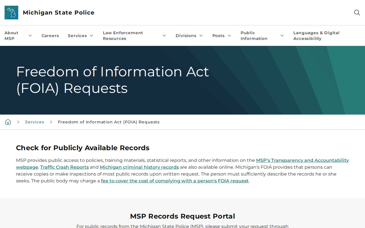 Michigan State Police FOIA route for Keweenaw County criminal records